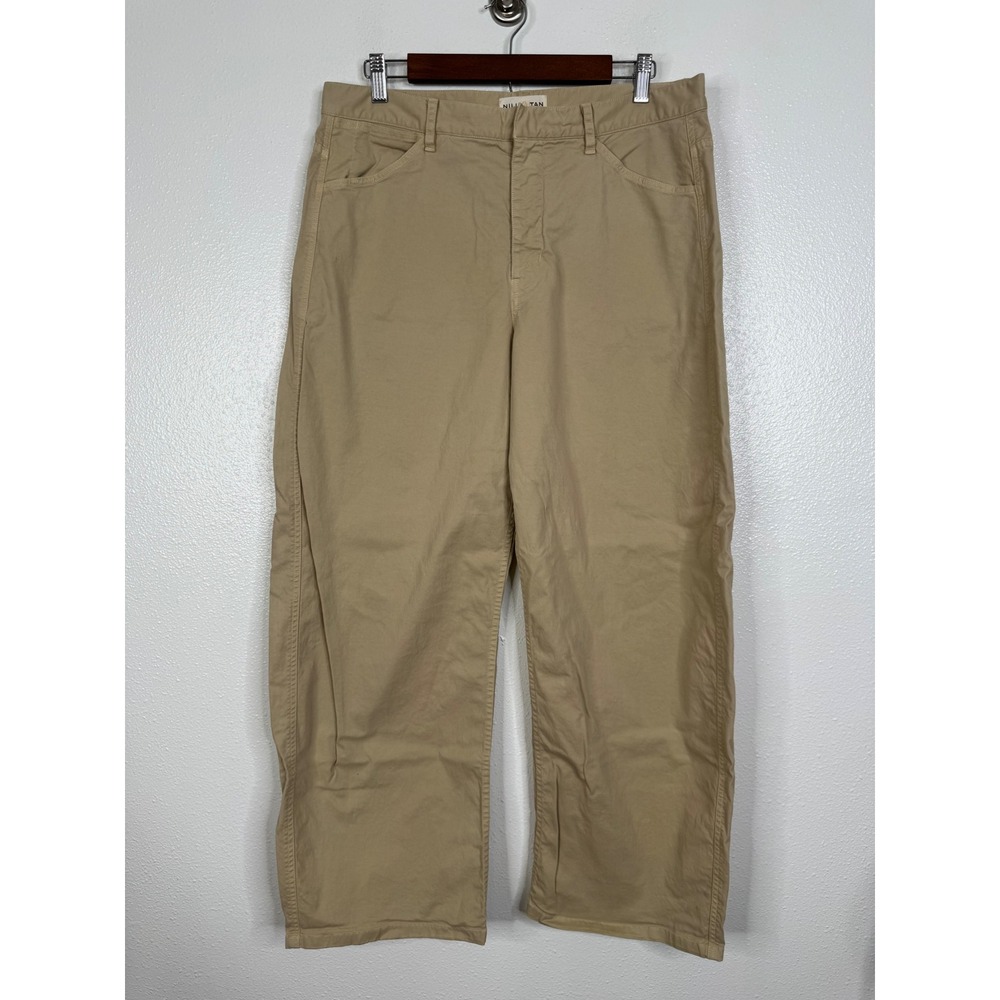Nili Lotan Shon Curved Leg Pants Khaki Tan Cotton Stretch Size 10 Made in USA